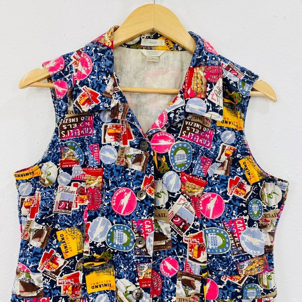 Christopher & Banks Women's Vest Medium‎ Blue Vacation Postage Travel Maximalist